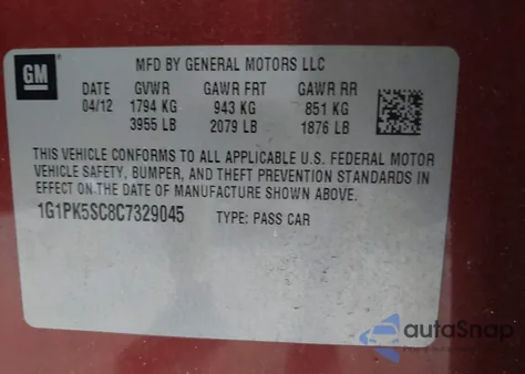 2012 Chevrolet Cruze Eco from USA, damaged, VIN 1G1PK5SC8C7329045